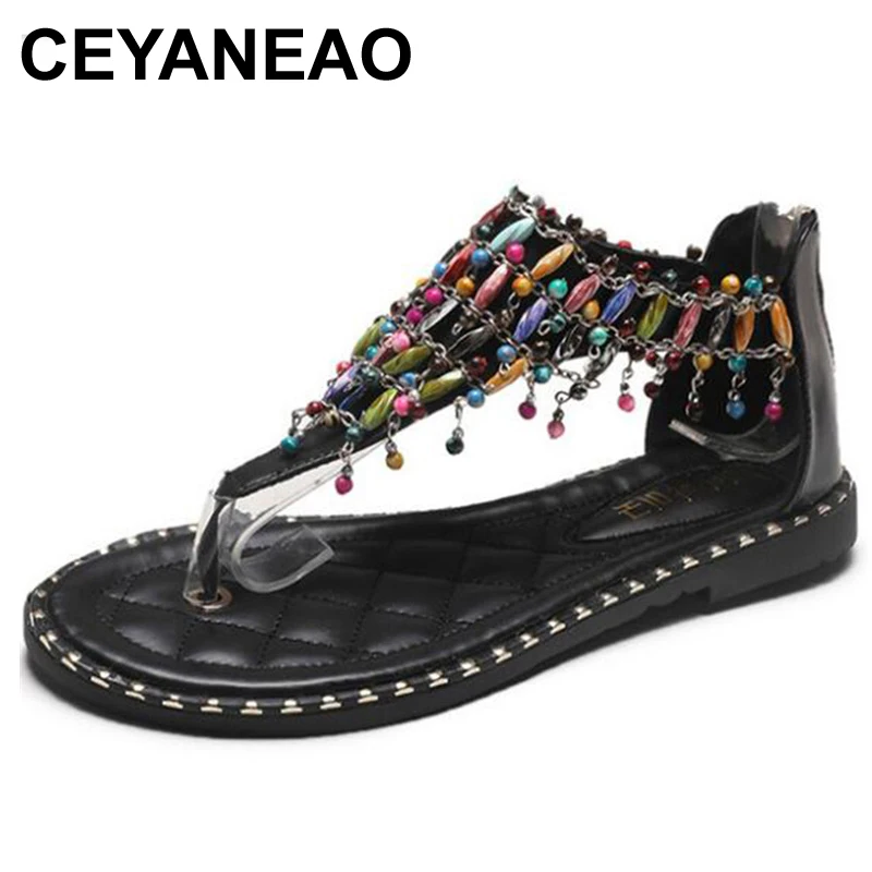 

CEYANEAO Women Sandals 2020 New Summer Wild Student Fairy Bohemian Wind Rhinestone Roman Toe Clip Flat Shoes