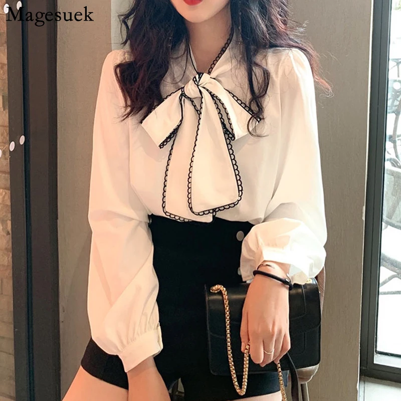 

White Blouses Sweet Bow Loose Elegant Ladies Blouse Women Korean Long Sleeve Shirts Vintage 2021 Office Lady Tops Blusas 14892