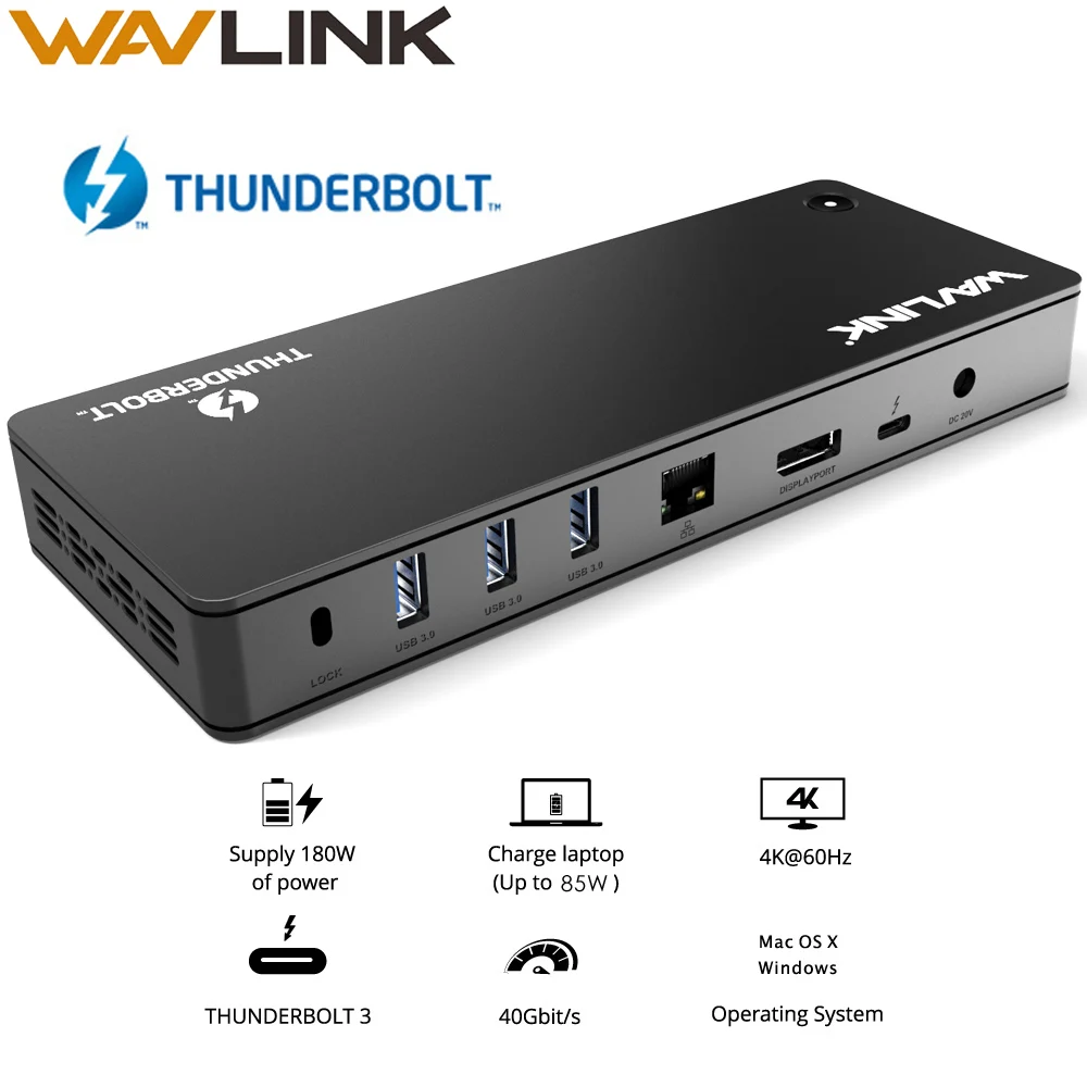 Wavlink Intel Сертифицированный Thunderbolt 3 док-станция для ноутбука USB 3,0 4 k@ 60Hz Gigabit Ethernet 85W зарядка USB C для MacBook Pro