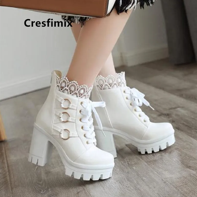 

Cresfimix Damskie Buty Women Fashion High Quality Black Pu Leather Lace Up Ankle Boots Lady Casual White Comfortable Boots C6089