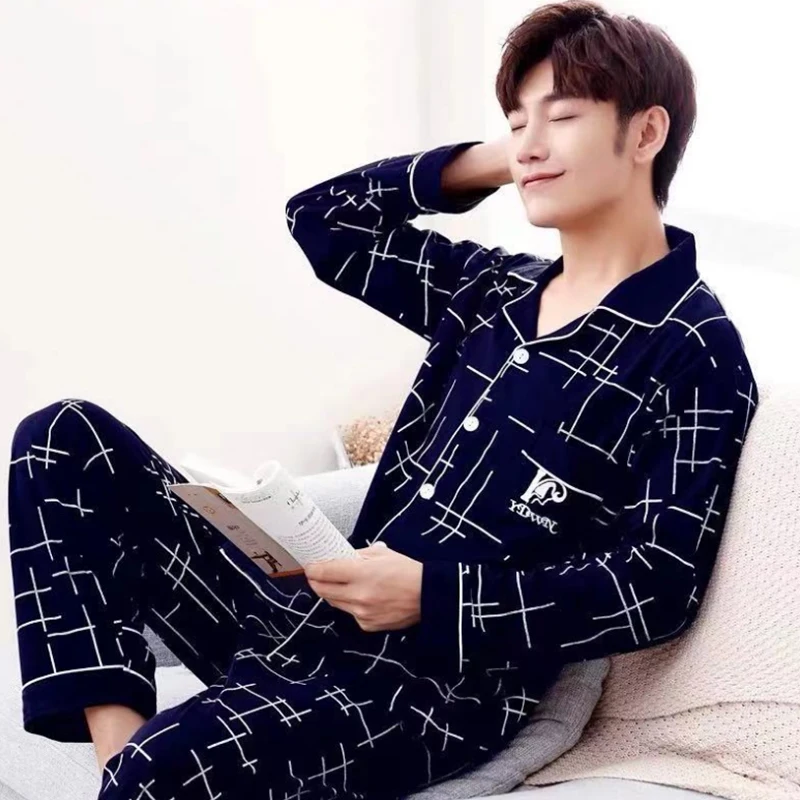 

Winter Cotton Men Pajamas Lounge Sleepwear Black Plaid Pijama Man's Warm Bedgown Home Clothes 100% Pure Cotton Pijama Hombre PJ