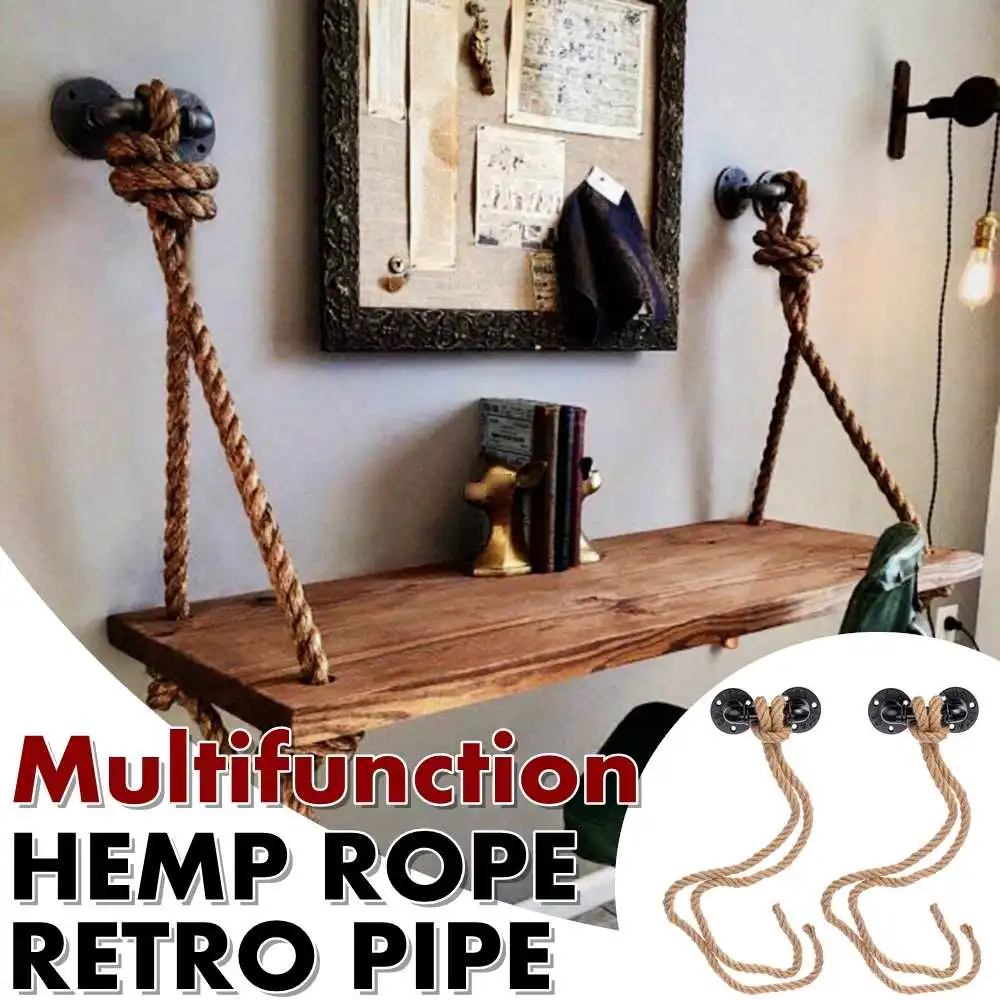 

2Pcs Black Iron Industrial Pipe with Rope Wall Floating Retro Shelf Bracket Bookshelf Bracket Holder Rack Home Storage Holder