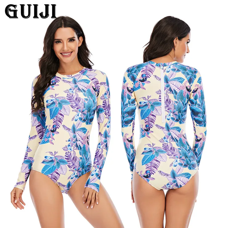 

【GUIJI】Ready Stock 2021Print One Piece Swimsuit Long Sleeve Swimwear Women Bathing Suit Retro Swimsuit Vintage One-piece Surfing