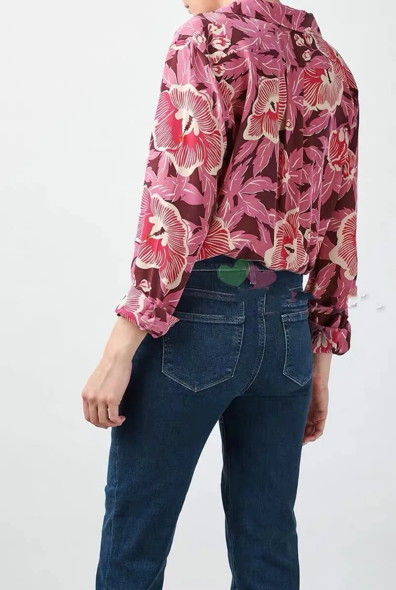 

2021 spring new women's shirt silk red and blue wood Hibiscus printing sand washed silk long sleevesng sleeves