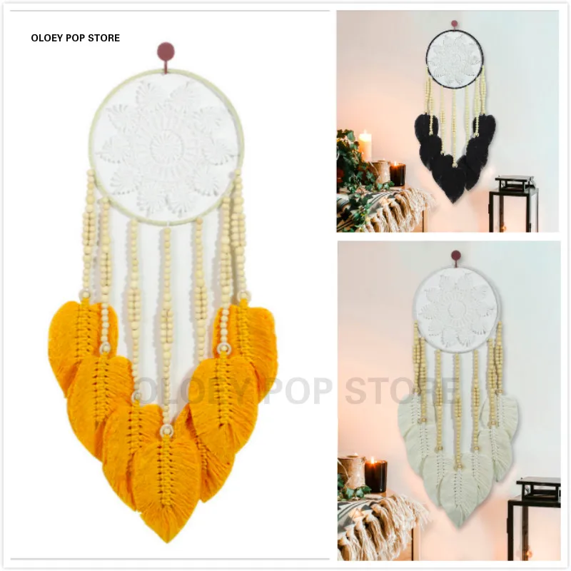 

Bohemian Hand Woven Dream Catcher Macrame Tapestry Tassel Black Leave Wall Hanging Pendant Home Decor Textile Room Bedroom Craft