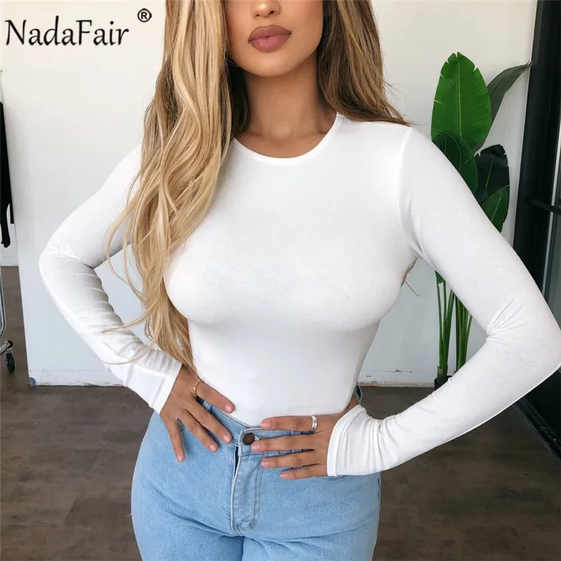 

Nadafair сексуальный однотонный боди с длинным рукавом, Женский обтягивающий боди, топ на осень и зиму, базовый облегающий боди с круглым вырезо...