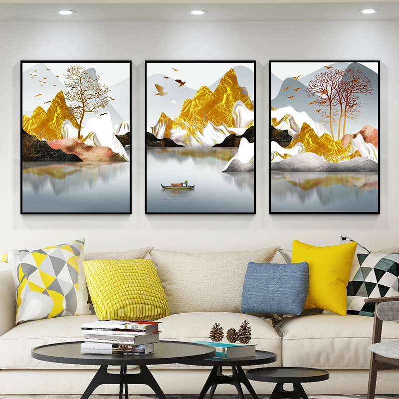 

Abstract Golden Mountain Landscape Canvas 3 Pannel Painting Flying Bird and Boat Poster Printing Living Room Home Decor Pictures