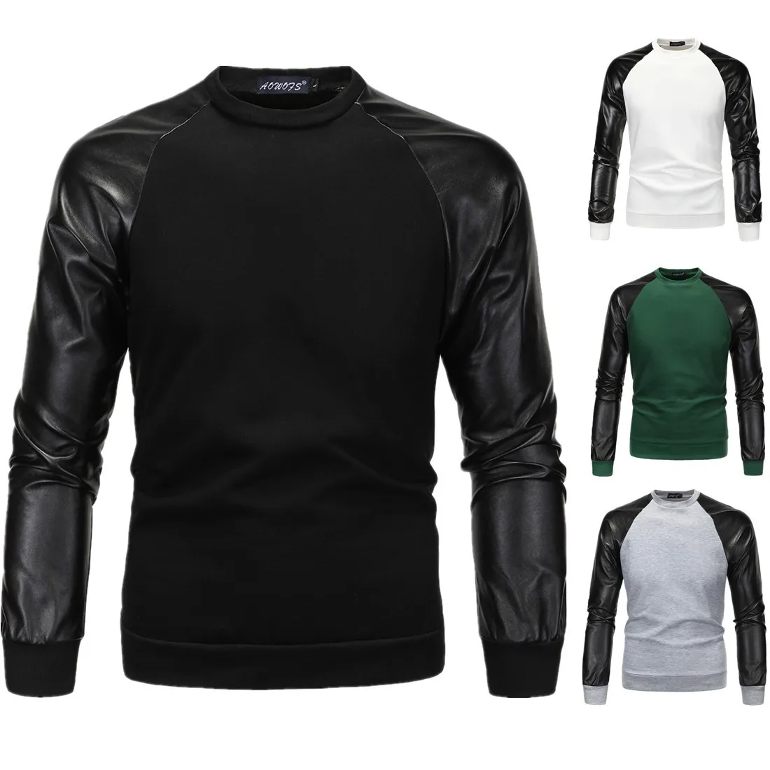 

2020 spring and autumn new men's fashion Pullover Pu washed leather stitched flannel sweater 4 colors d028