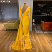 customize yellow gold long sleeves arabic evening dress crystal satin sexy prom gowns plus size women special occasion dresses