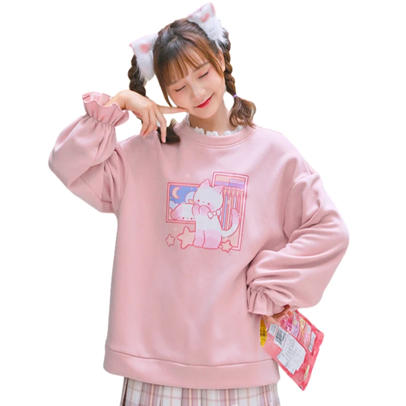 

Cute Anime Printed Hoodie Teen Girls Fleece Warm Kawaii Cat Graphic Sweatshirt Women 2021 Winter Pink Thick Japan Sweet Pullover