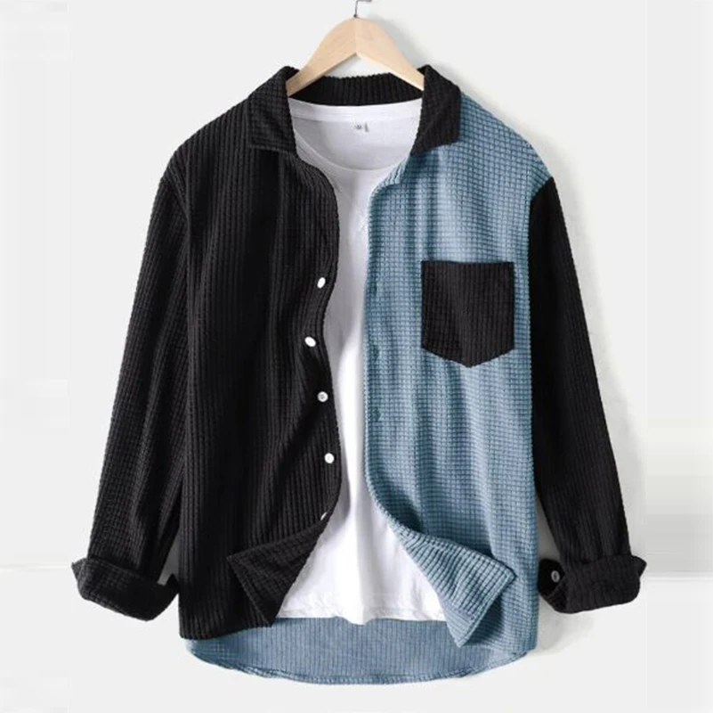 

2021 Spring Fashion Mens Fleece Jacket Casual Long Sleeve Patchwork Pocket Coat Male Autumn SIngle Breasted Turn-Down Collar Top