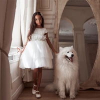 puffy tulle white flower girl dress backless knee length kid wedding party dress princess birthday gown