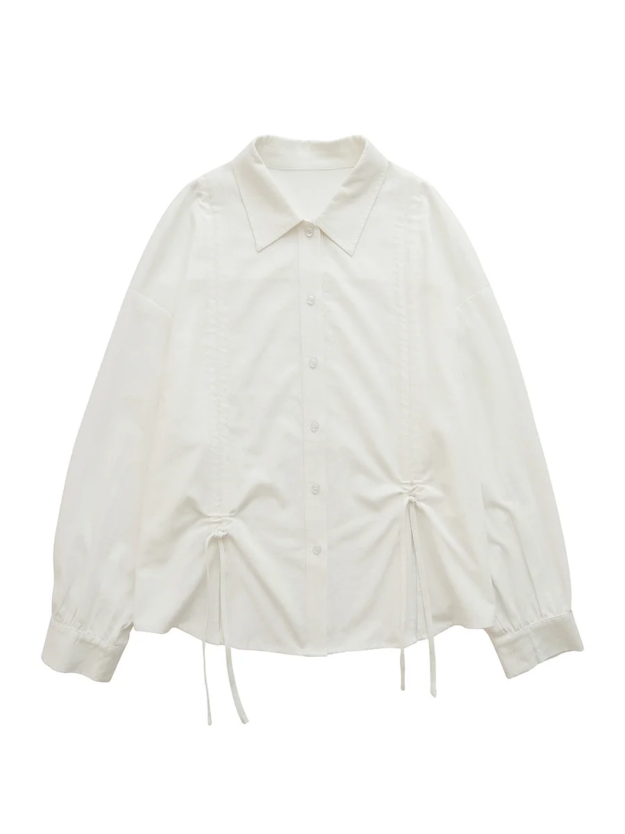 Slub Texture Drawstring Shirt Lantern Sleeve Autumn Top For Women | Женская одежда