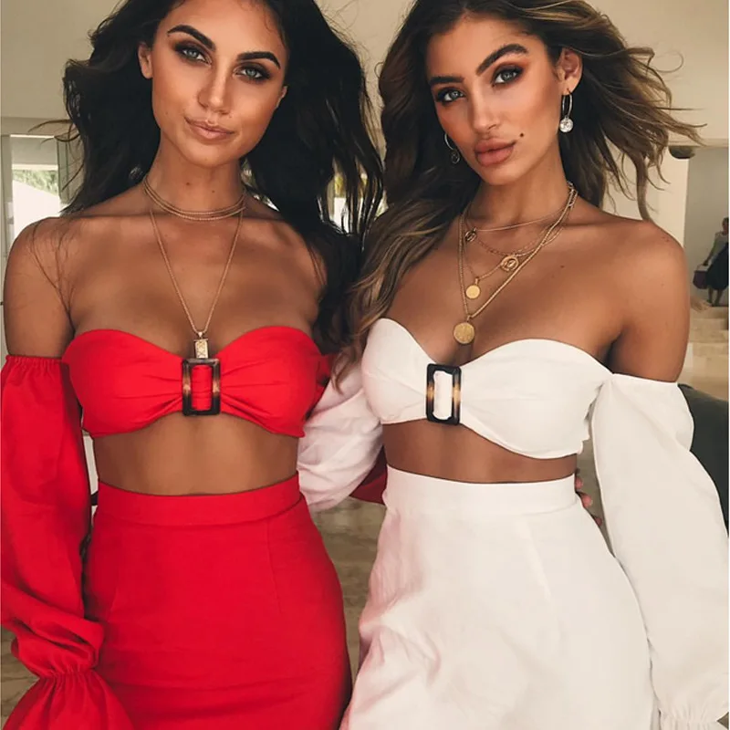 Genayooa Sloid Summer Two Piece Set Top And Skirt Beach Sexy Sets For Women Wrap Crop Long Sleeve 2020 |