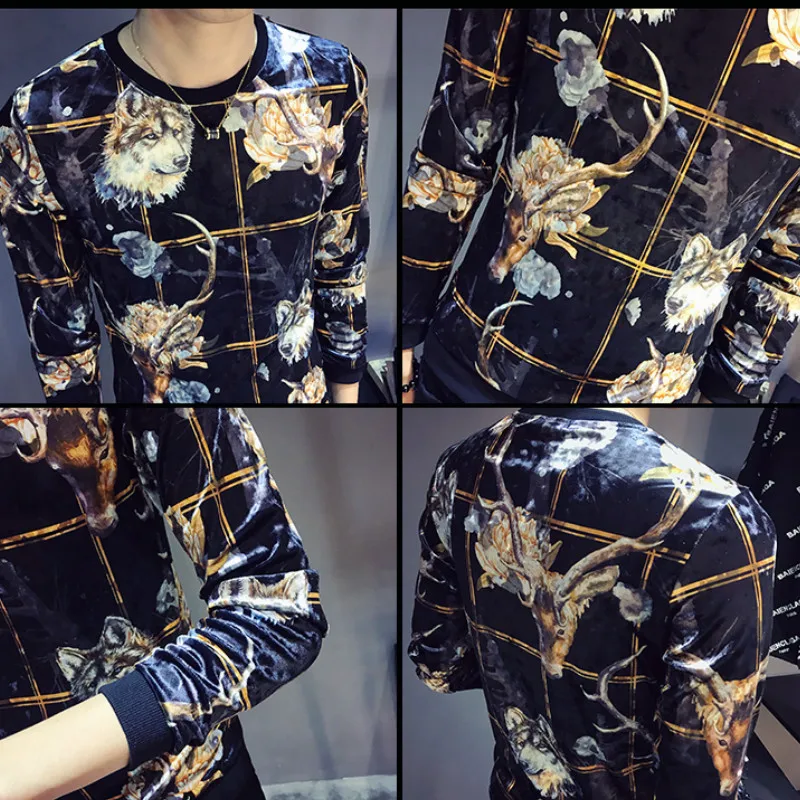 

Printing Velvet Luxury T Shirt Royal T Shirt Outfit Men Casual Slim Fit Long Sleeve O Neck Tops Tees Streetwear Tshirt Homme