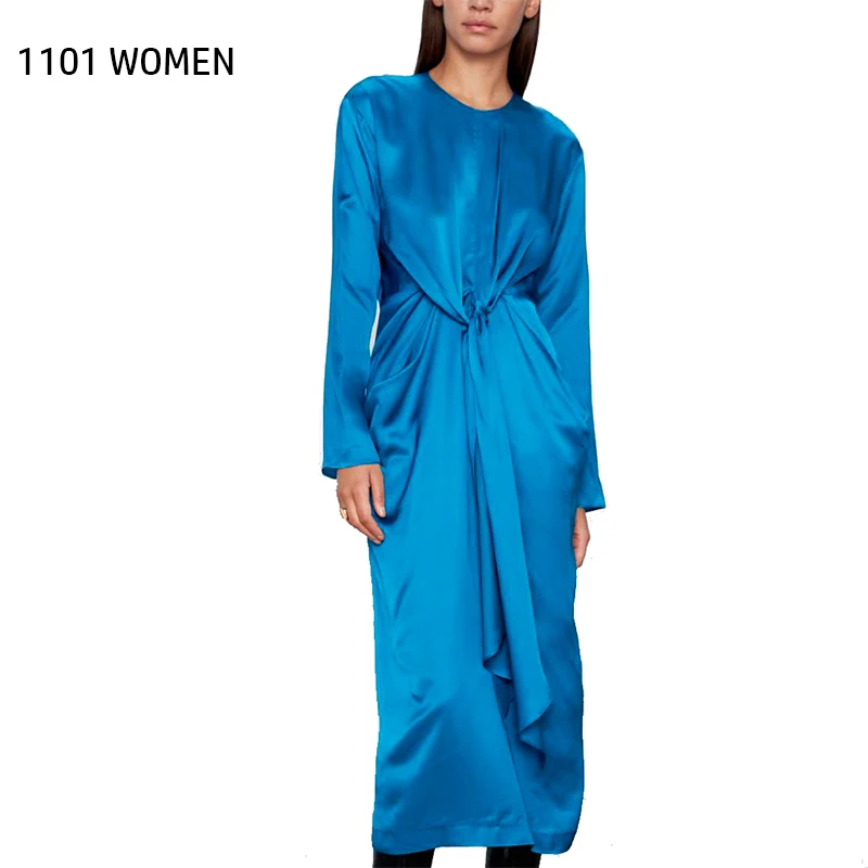 ZA Новое весеннее женское синее однотонное платье до середины икры с бантом и