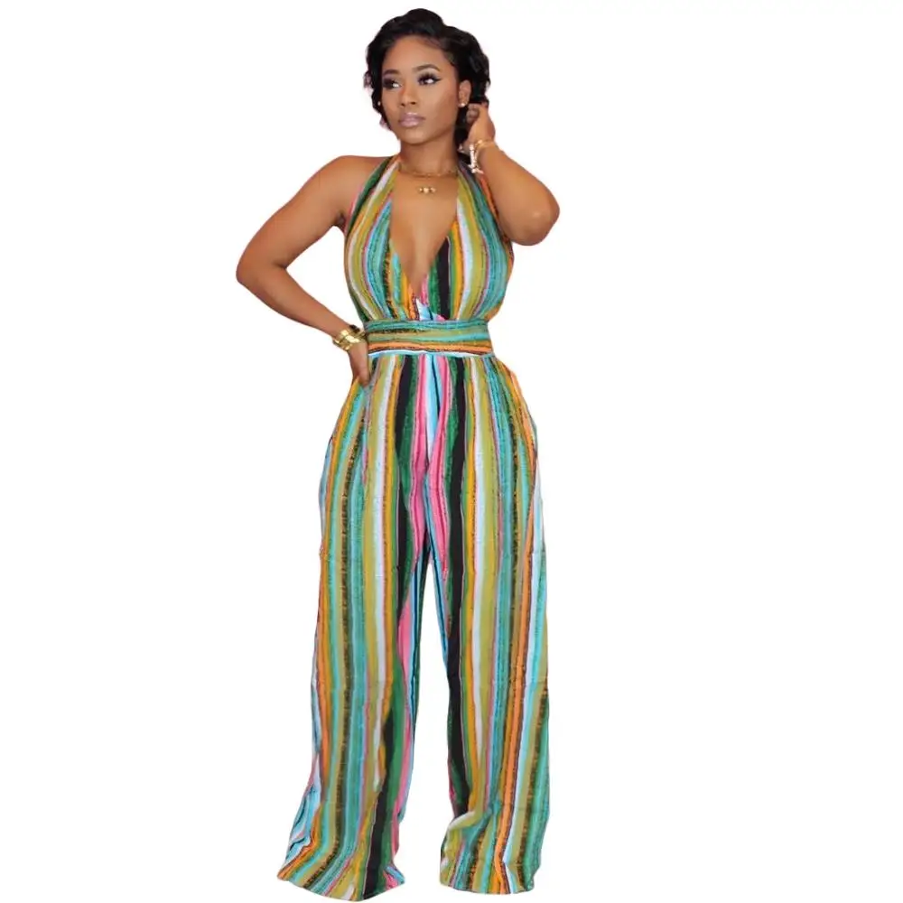 

Echoine Summer Strap Striped Print Wide Leg Jumpsuit Women