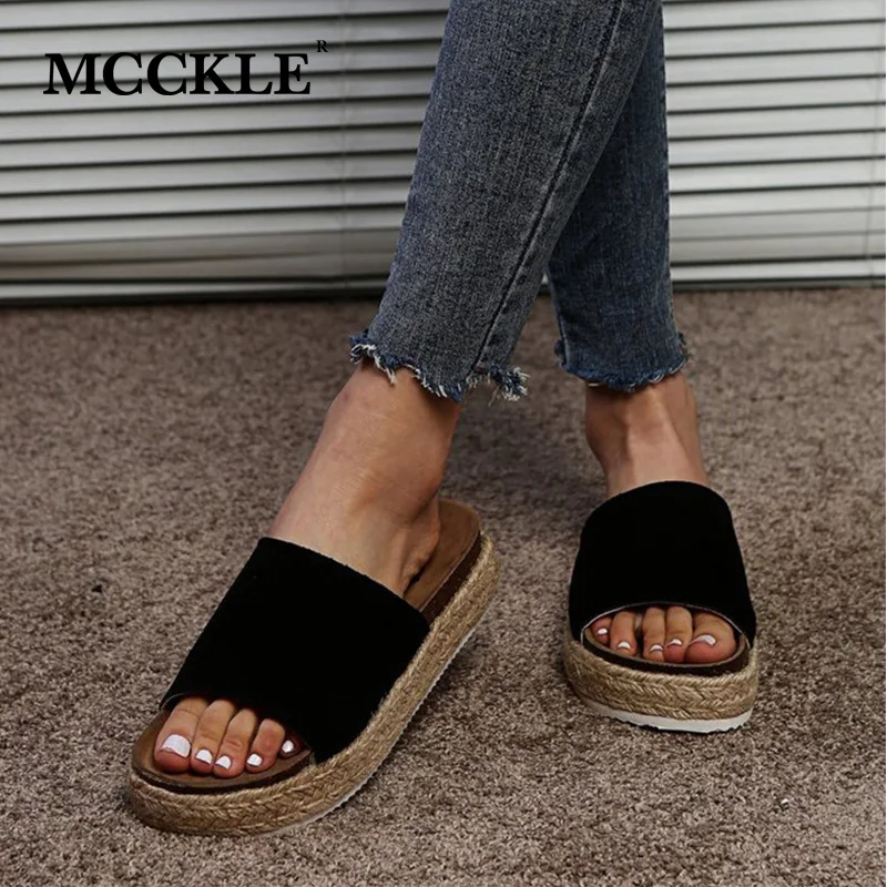 

Сандалии MCCKLE женские с открытым носком, Уличная Повседневная обувь на танкетке, удобные тапочки, однотонные тапочки, лето
