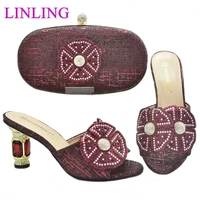 italian design newest wine color nigerian ladies shoes and bag set with flower style colorful crystal decoration