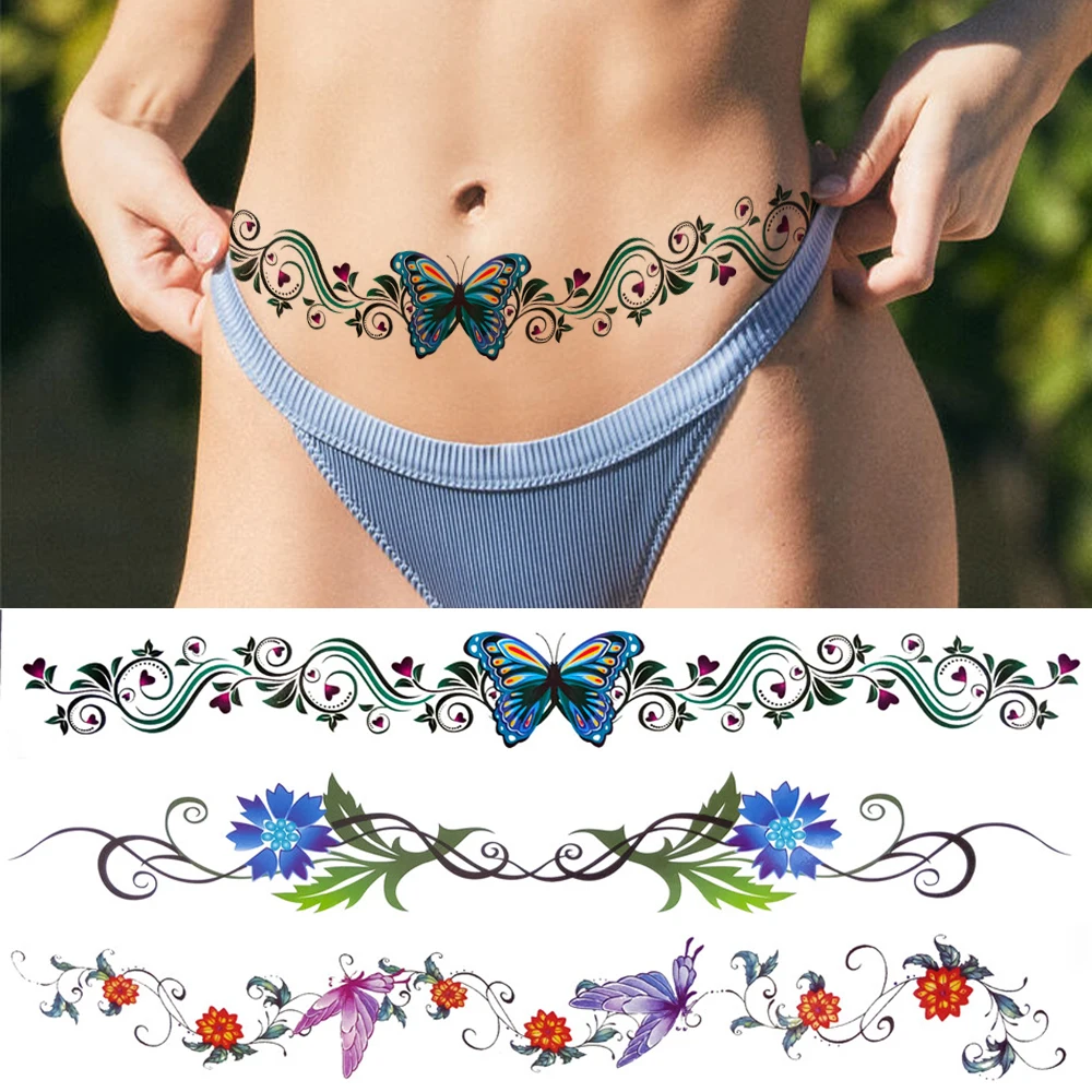 

Realistic Fake Butterfly Temporary Tattoos For Women Girls Watercolor Vines Flower Tattoo Sticker Long Sexy Waist Tatoo Decal