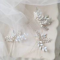 fashion opal crystal small comb bridal hair pins accessories silver color leaf wedding headpiece handmade women jewelry