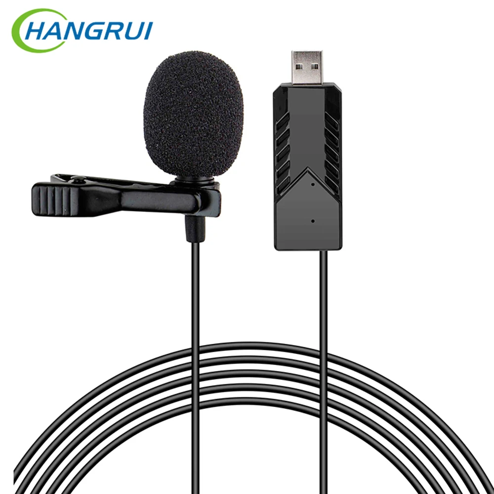 Портативный USB микрофон HANGRUI конденсаторный на клипсе со звуковой картой для ПК и