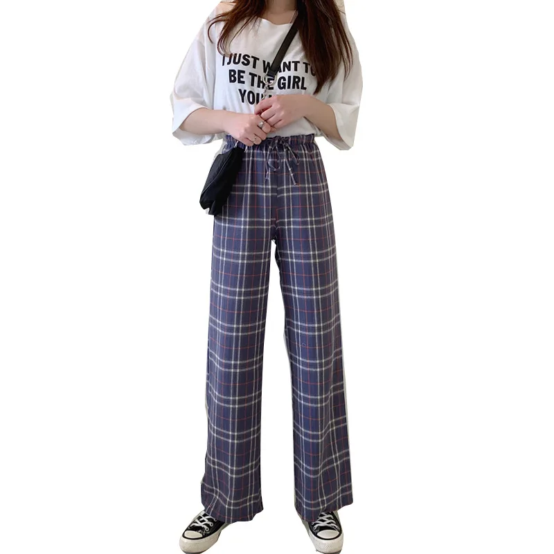 

2020 new summer pants women's oversized temperament commuting Korean high waist slim pants elastic waist Plaid wide leg pants