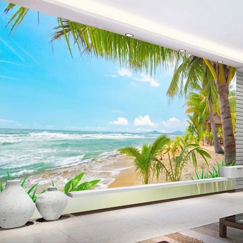 

Custom Self-Adhesive Wallpaper 3D Stereo Coconut Palm Tree Beach Murals Living Room Dining Room Background Wall Decor 3D Sticker
