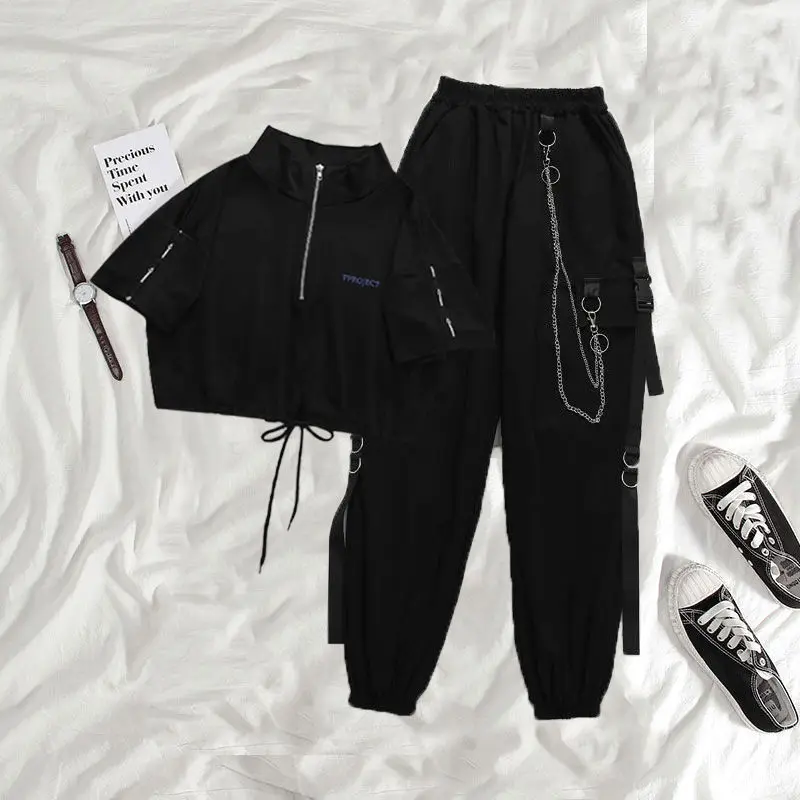 

2021 Gothic Women Black Cargo Pants Harajuku Punk Chain Trousers Female Hip Hop Mall Goth Streetwear Techwear Egirl Grunge