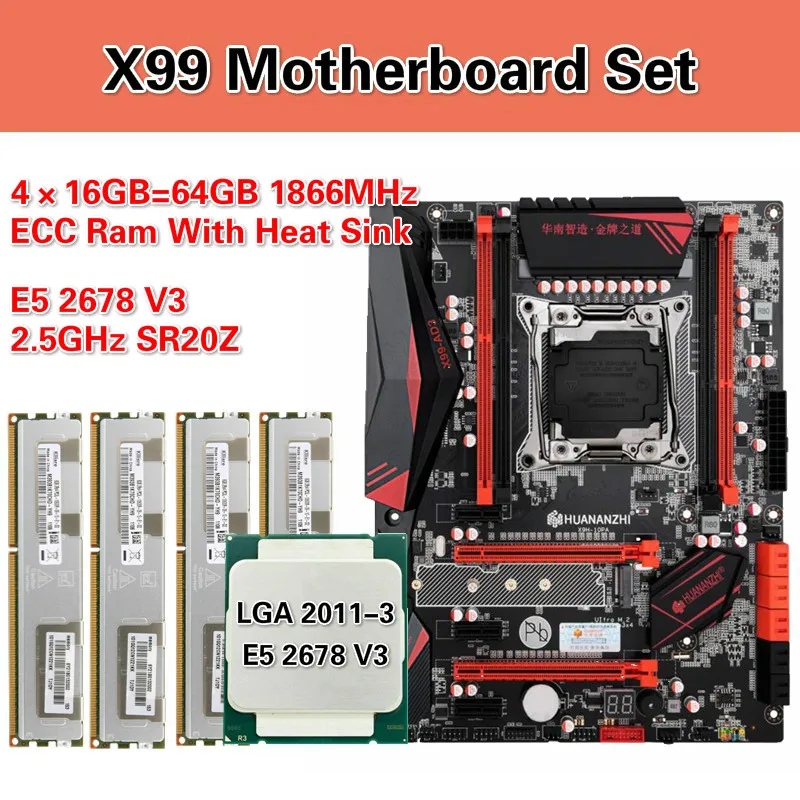 HUANANZHI X99 материнская плата с LGA2011-3 Ксеон E5 2678 V3 4 × 16 ГБ = от 64 Гб 1866 МГц DDR3 память ECC Reg с теплоотводом