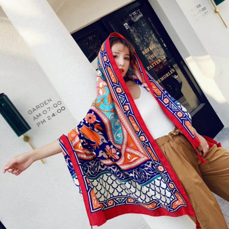 

New spring and summer national style shawl for women geometric lady scarf sunscreen Tassel Poncho Rectangle travel beach scarves