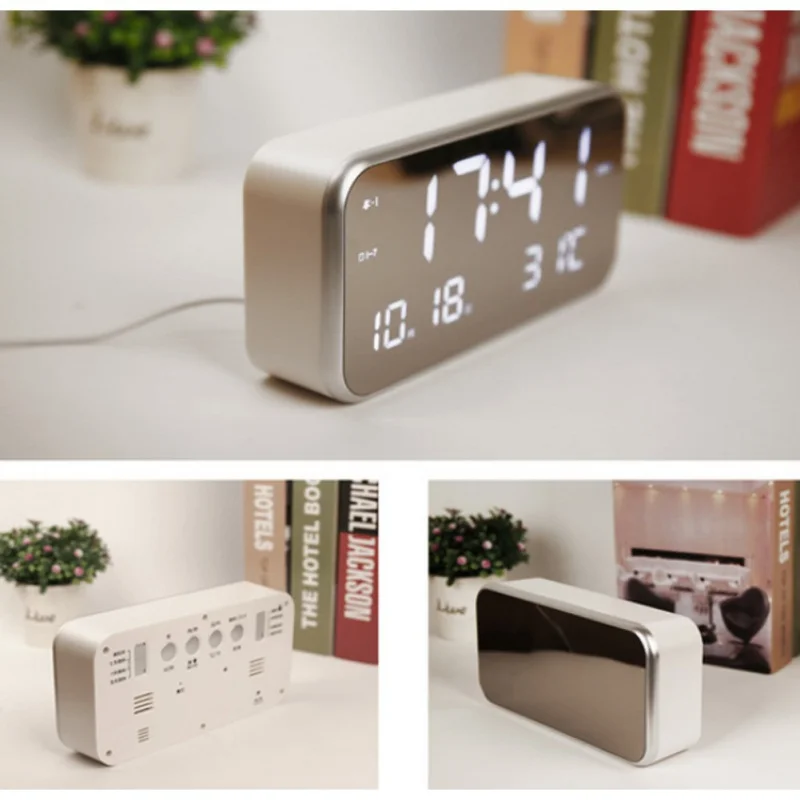 

LED Mirror Alarm Clock Digital Temperature LED Light Table Time Bedside ClockFree shipping