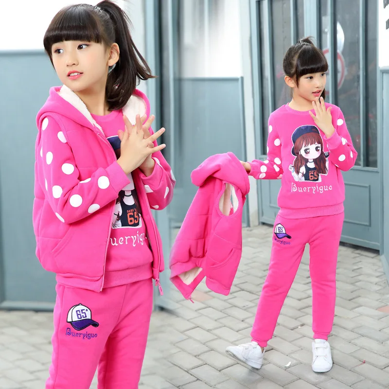 

Childrens girls clothe set 2020 casual teeng thick fleece warm suit kids girl Vest+sweater+pants 3pcs student clothes