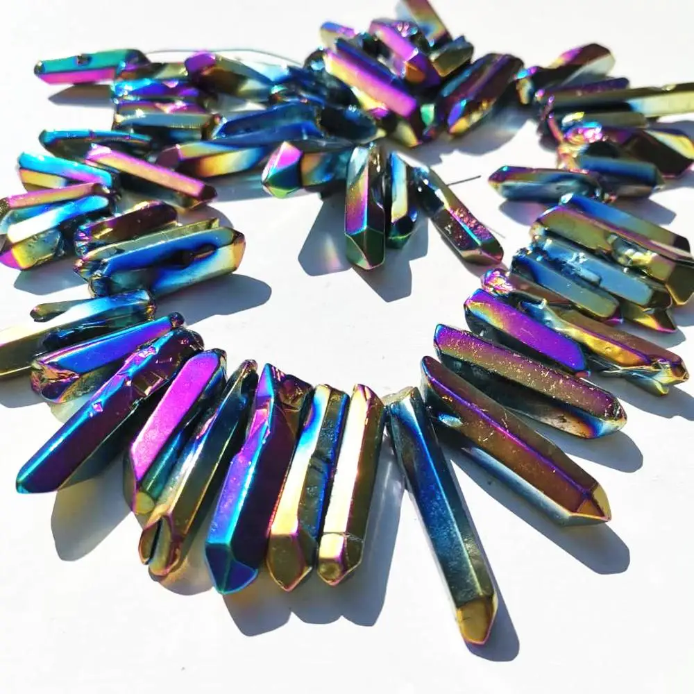 

Natural Raw Rock Crystal Quartz Rough Crystals Points Titanium Coated Sticks Spikes Irregular Drilled points