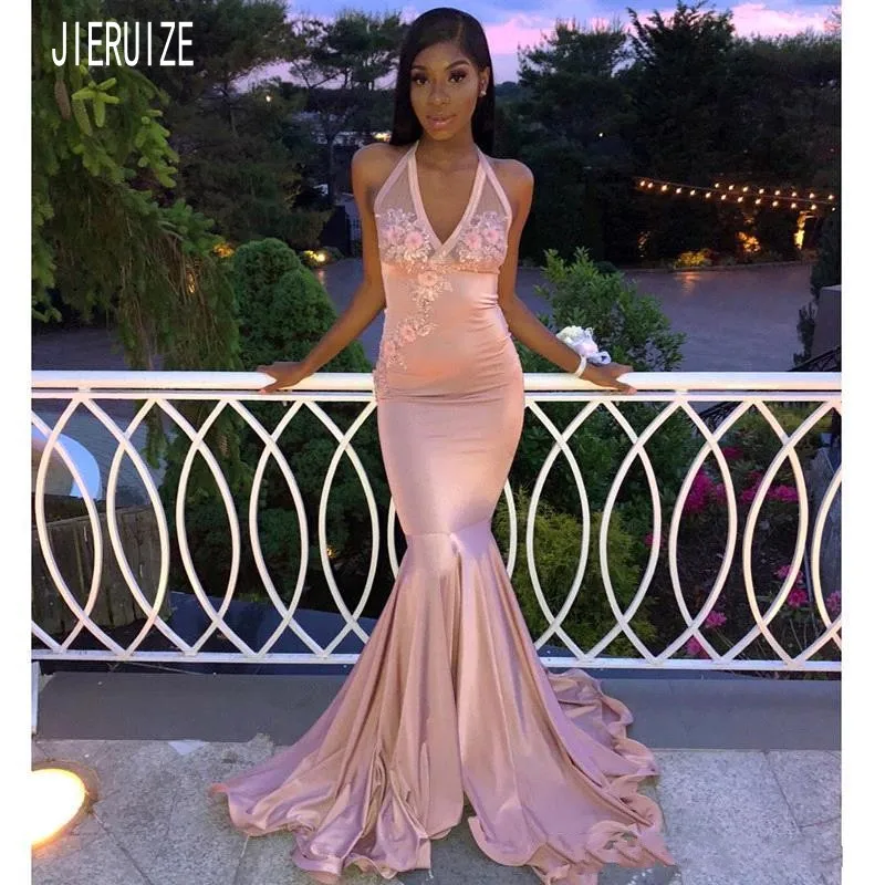 

JIERUIZE Pink Mermaid Evening Dresse Halter Neck Backless Flowers African Formal Prom Gowns vestidos de fiesta Party Dresses