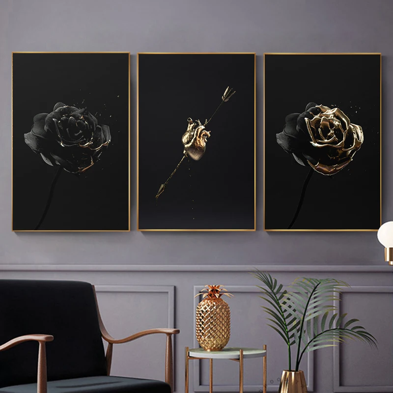 

Abstract Black Golden Flower Art Canvas Painting Nordic Poster and Print Wall Picture for Living Room Interior Modern Home Decor