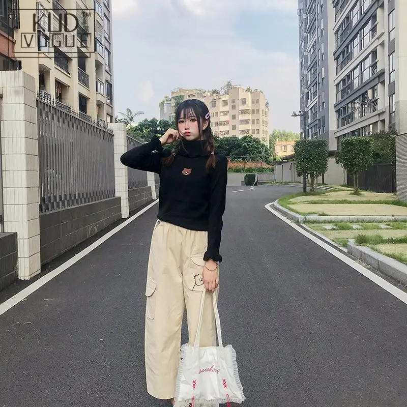 Harajuku Kawaii High Neck Sweater Korean Vintage Pullover Women Jumper Knitted Turtleneck Ruffle Cute Bear Slim Black | Женская одежда