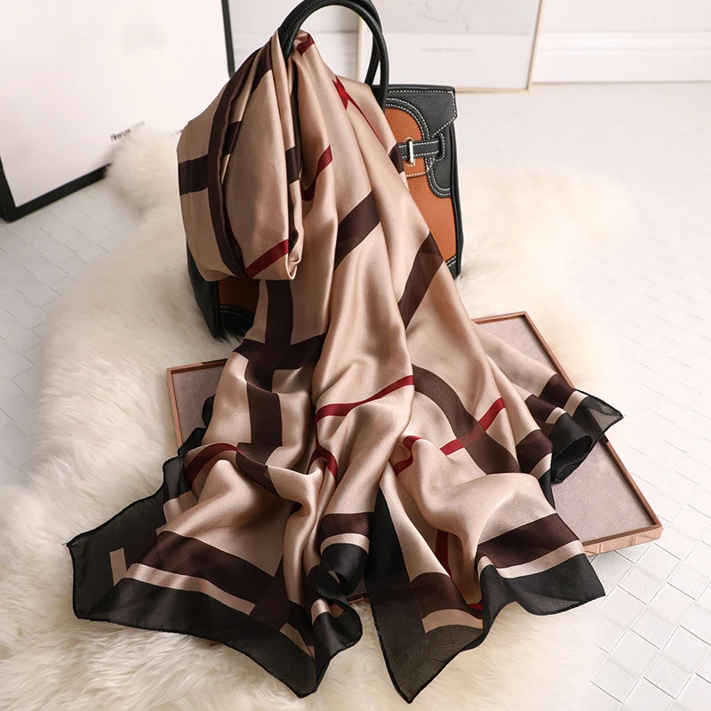 

Designer 2021 Women Silk Scarf Luxury Striped Print Female Pashmina Shawls Foulard Lady Hijab Beach Scarfs Stoles