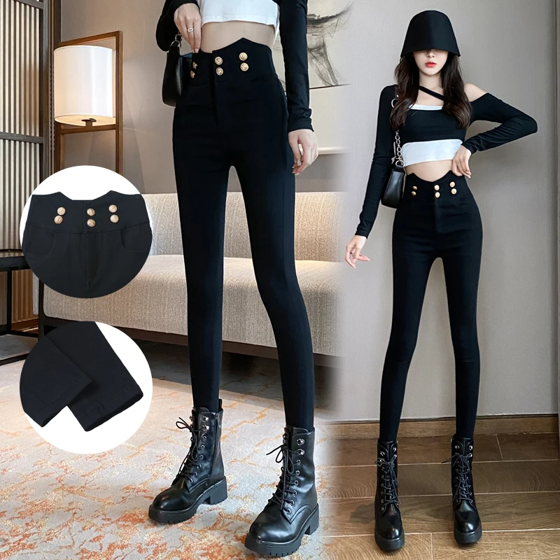 

Real photo 2021 autumn new style high waist slimming leggings elastic pencil pants women all-match six buttons black trousers