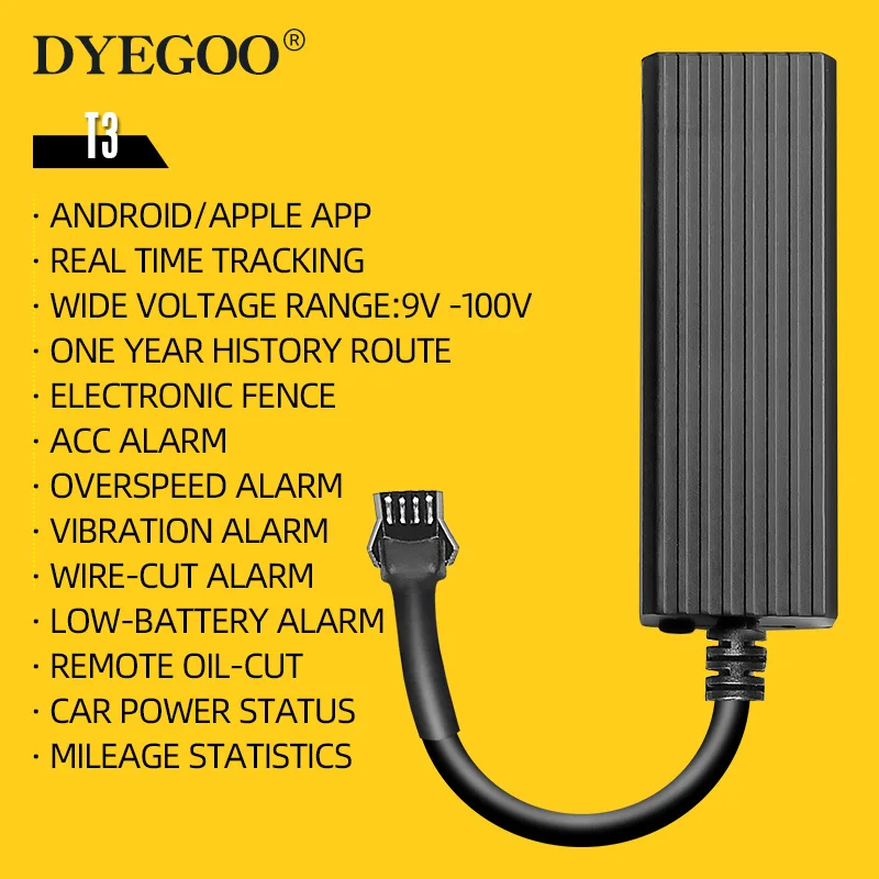 DYEGOO T3 Vehicle Car Motorcycle E-Bike GPS Tracker 9V-100V Wide Voltage Oil Cut Anti-Theft Alarm Lifetime Free Android IOS APP |