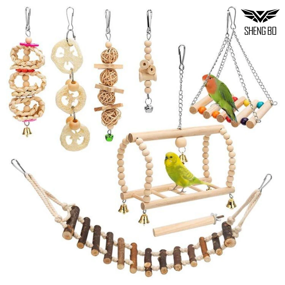 Parrot Bird Toys Cages Accessories Wooden Basket Cockatiel Chewing Bell Stand Calopsita Goods Birdcage Parakeets Lovebird Games | Дом и сад