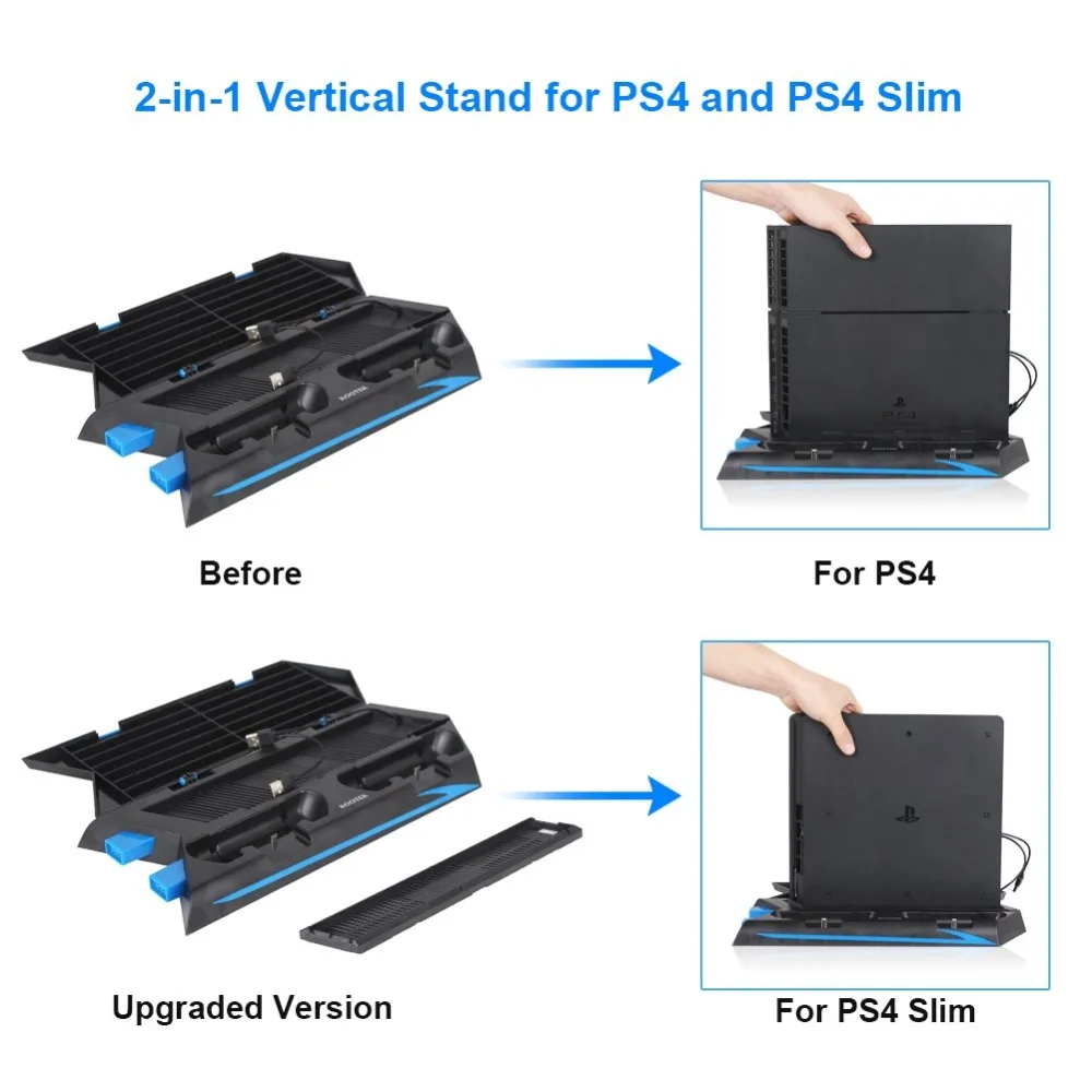 PS4 Вертикальный охлаждающий вентилятор с подставкой, охлаждающая станция с 2 контроллерами, зарядным портом, 14 разъемами для хранения игрового диска, 3 концентраторных порта, 4 Захваты