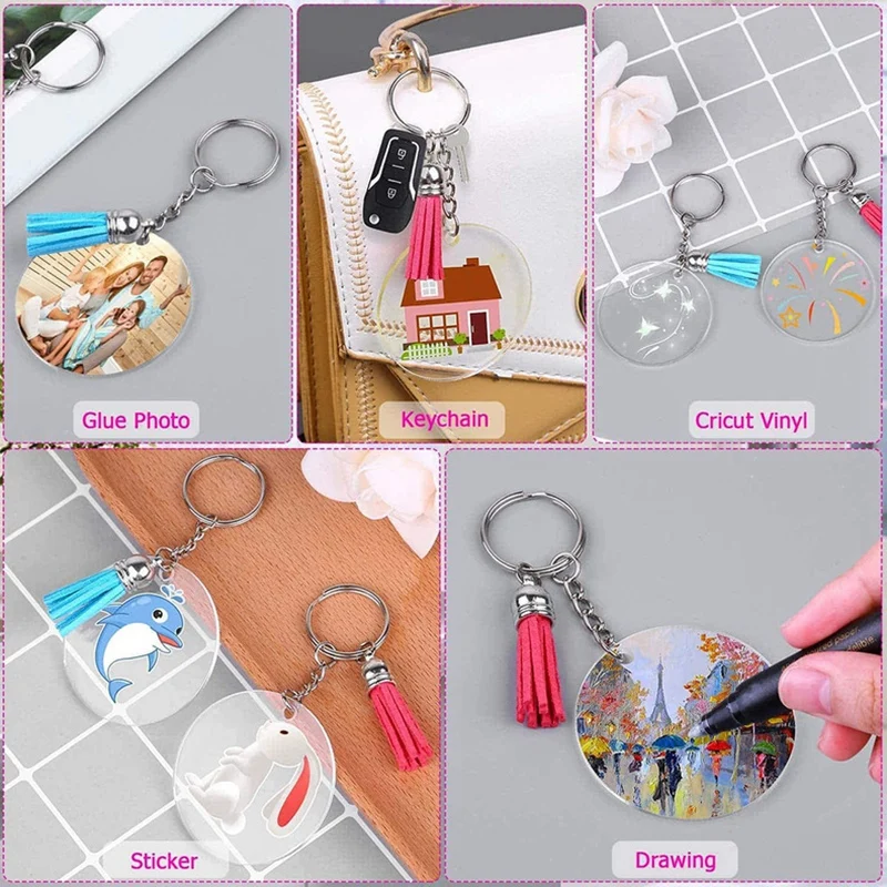 

200Pcs DIY Round Acrylic Keychain Blanks Acrylic Clear Circle Discs Keychain Set for DIY Keychain Vinyl Crafting