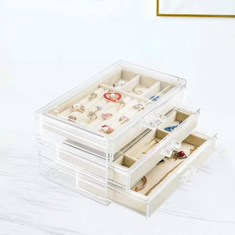 

Transparent Jewelry Box Acrylic Velvet Jewelry Storage Bag for Women with 3 Drawers Earrings Bracelet Stand Display Box