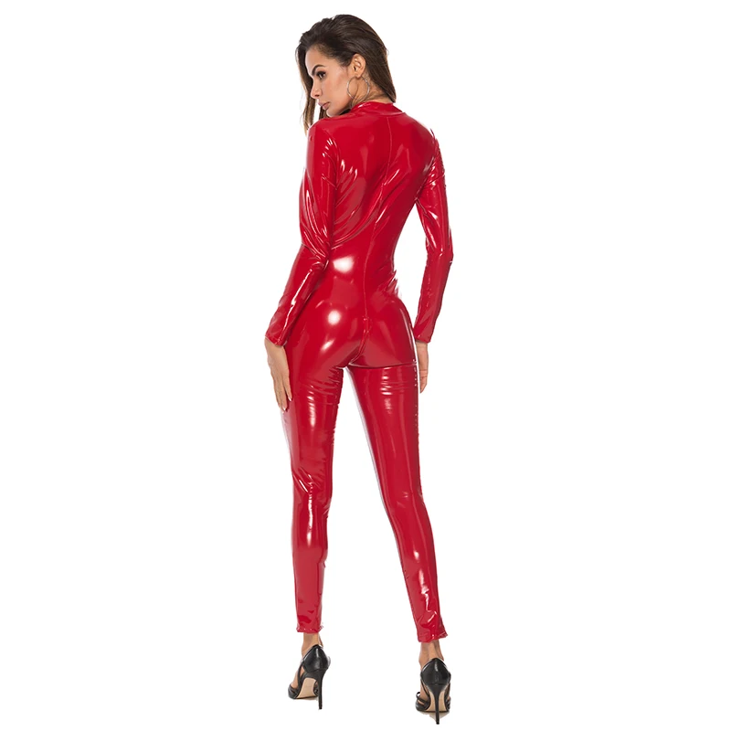 

HAOOHU 2020 women's sexy jumpauit nightclub fashion elegants solid long sleeve v-neck zipper slim tight bright leather jumpsuits