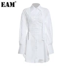 Женское асимметричное платье EAM, белое платье большого размера с отложным воротником и длинным рукавом, свободный крой, весна-осень 2022, 1DB621