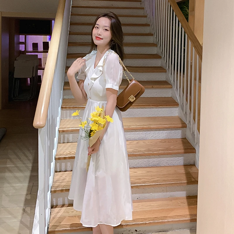 

Bohemian Style Chiffon Dress Women's 2021 Summer Short Sleeve V-neck Ruffle Waist Long Dress Vintage Robe A-line Female Clothing