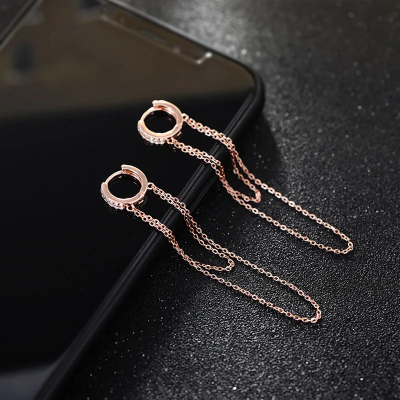 925 sterling silver earring Fashion zircon Long Tassel Chain Earring temperament exaggeration women girl ear jewelry | Украшения и