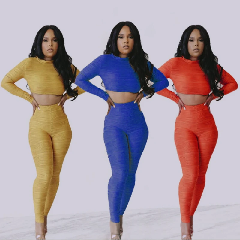 

2021 Autumn Winter Crop Top And Pants Sweat Suit Bodycon Bandage Outfits Tight Slim Fit Solid Color Two Piece Set Sexy Casual
