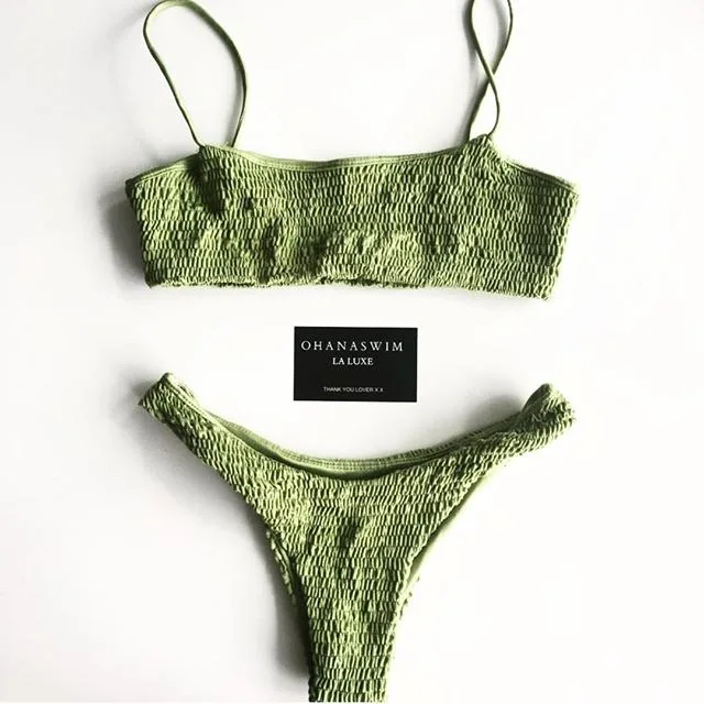 

Sexy Micro Bikini 2020 Women Pleat Bandage Push Up Padded Swimsuit Solid Green Bathing Suit Thong Swimwear Stroj Kapielowy